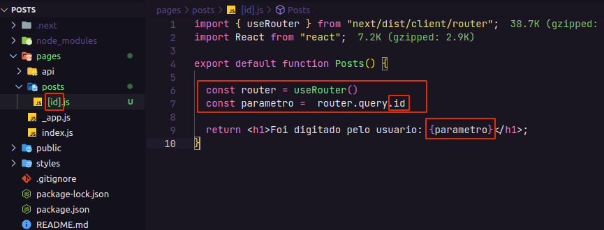 Obtendo o parâmetro da rota e guardando na variável parâmetro, e colocando o texto “Foi digitado pelo usuario: variável parâmetro aqui” dentro de um h1 como return do componente.