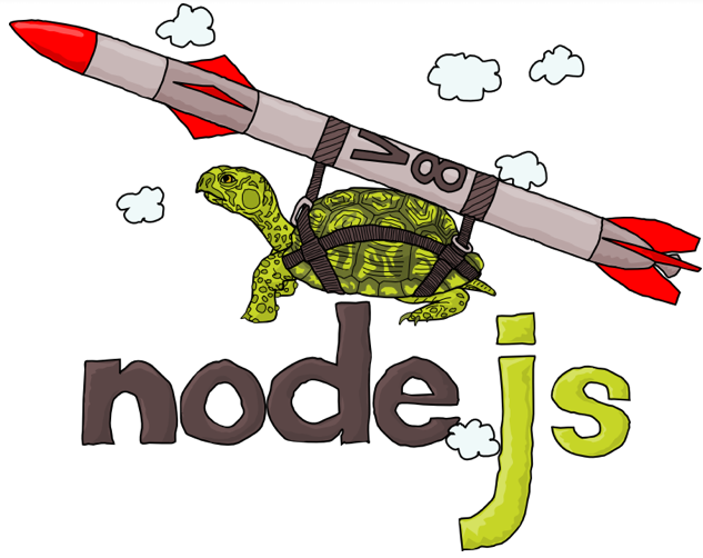 A imagem mostra uma tartaruga sendo carregada por um foguete que tem escrito as palavras V8. Abaixo da gravura há o nome node.js e algumas nuvens ao redor, que sugerem vôo.