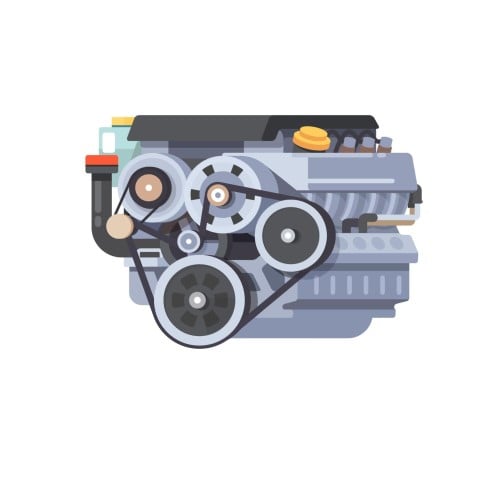 Ilustração de um motor de carro em fundo branco e peças coloridas.