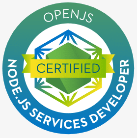 A imagem mostra a logo da certificação OPENJS NODE.JS Services Developer.