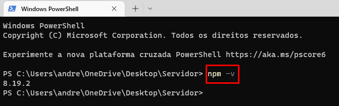 A imagem mostra  a tela do terminal do windows onde é executado o comando npm -v e exibe no terminal a versão 8.19.2 do NPM.