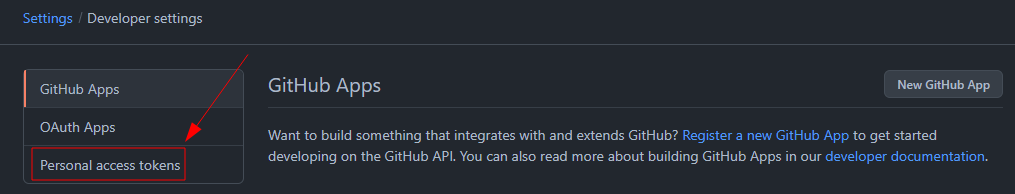 Screenshot da tela Developer Settings do GitHub com destaque na opção Personal access tokens.