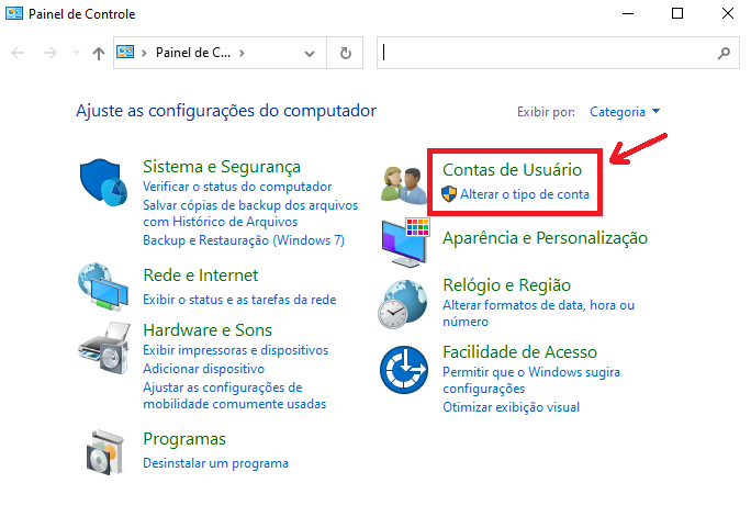 Screenshot da tela do Painel de Controle com destaque na opção Contas de Usuário