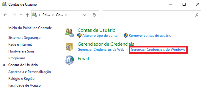 Screenshot da tela Contas de Usuário com destaque na opção Gerenciar Credenciais do Windows da seção Gerenciador de Credenciais