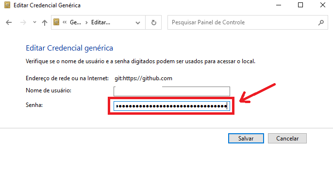 Screenshot da tela de Editar Credencial Genérica com destaque na caixa de entrada de texto 'Senha'