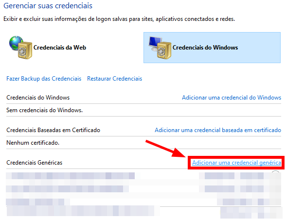 Tela Gerenciar suas credenciais com destaque na opção Adicionar uma credencial genérica.