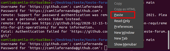 Terminal Linux com requisição de senha do Git, tendo como destaque a opção Paste
