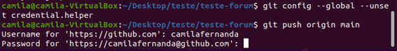 Terminal com o comando acima realizado com sucesso e, em seguida, o comando git push origin main como teste para demonstrar a requisição de autenticação.
