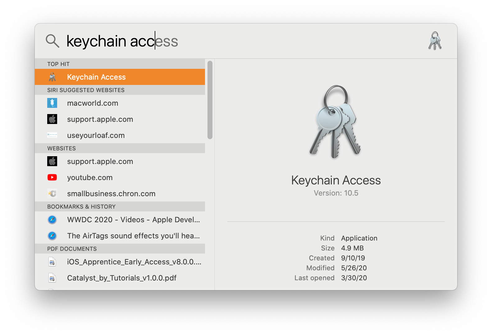Tela da barra de pesquisa do Mac com a busca keychain access
