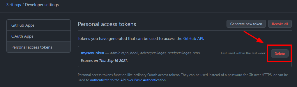 GitHub em Setting -> Developer settings -> Personal access tokens, com destaque na opção Delete no canto direito do token gerado.