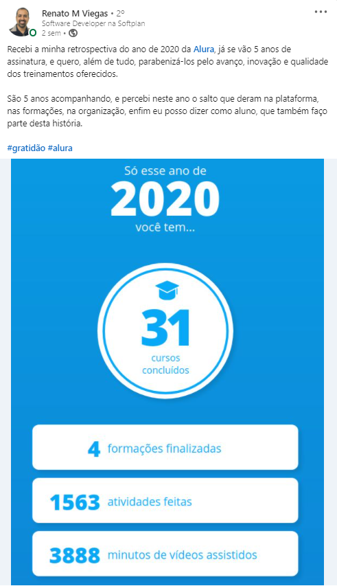 Depoimento do Renato, Aluno da Alura, mostrando sua retrospectiva Alura 2020