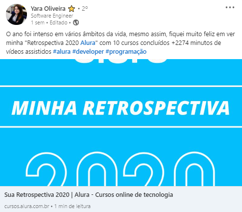 Depoimento da Yara, Aluna da Alura, mostrando sua retrospectiva Alura 2020