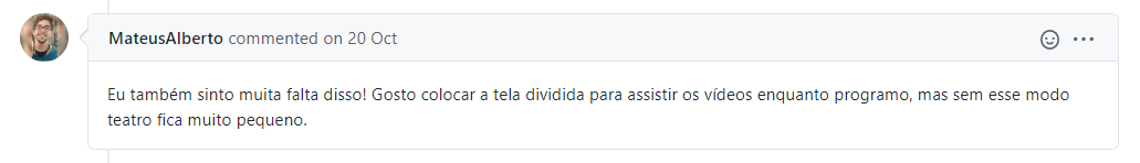 Print da solicitação do modo teatro feita pelo Mateus, que já estuda com a gente