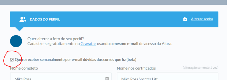opção de receber dúvidas do fórum por e-mail