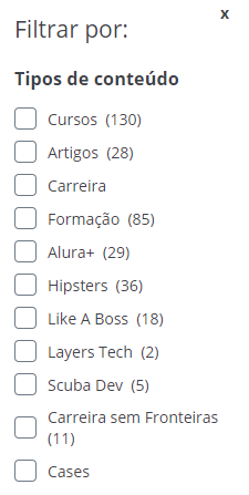 Filtro de pesquisa por tipos de conteúdo.