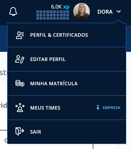 Menu “configurações” da plataforma da Alura.