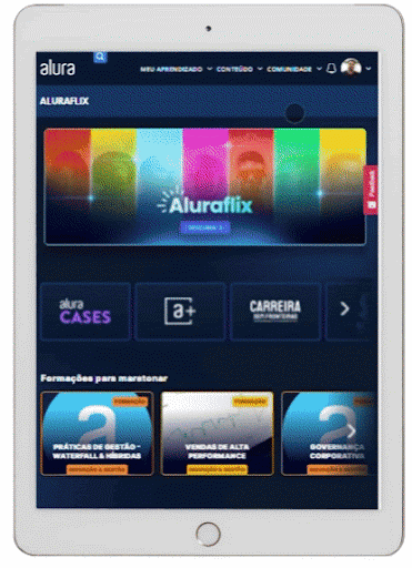 iPad mostrando a página do aluraflix na tela.