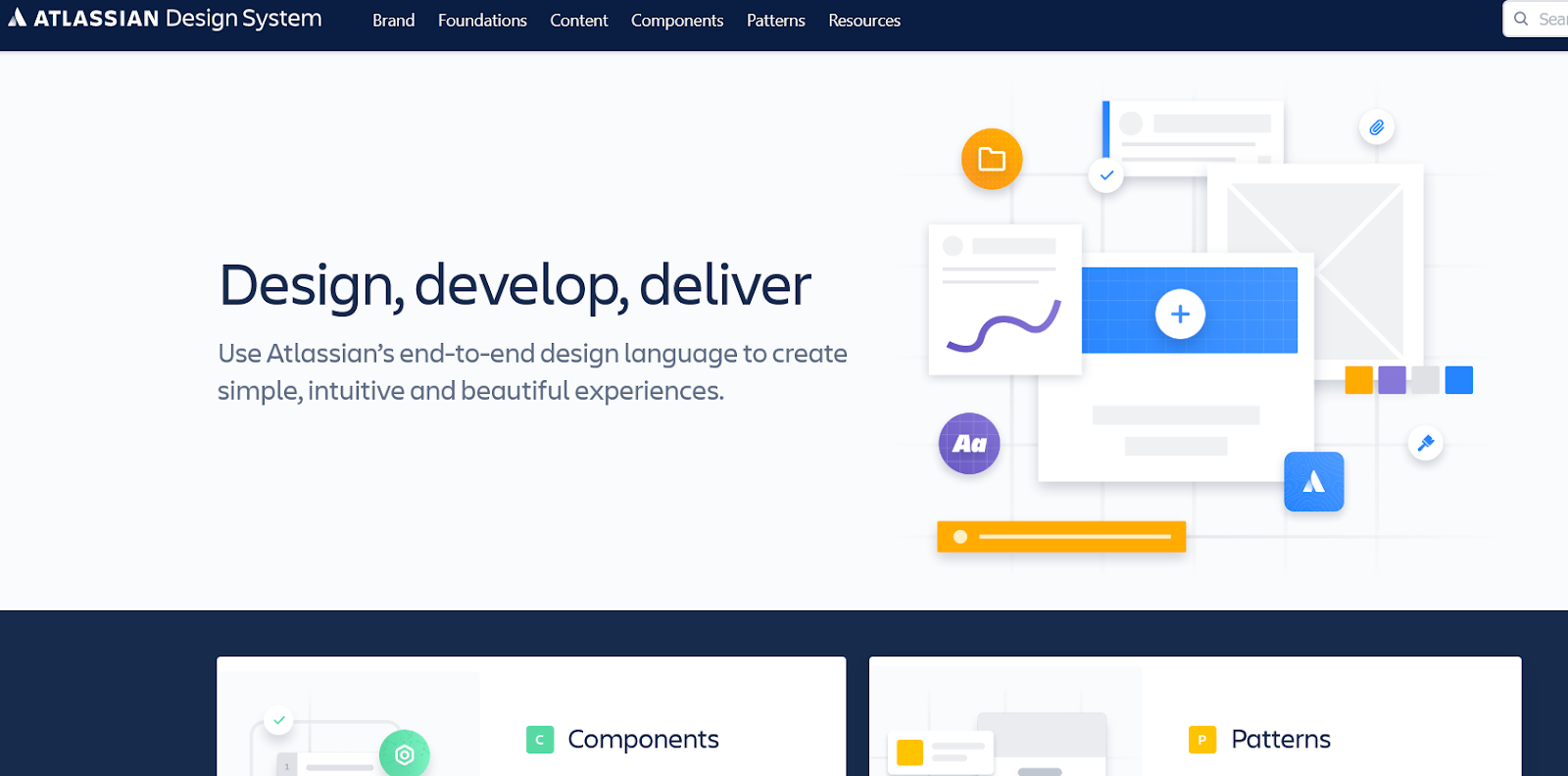 Print da tela inicial do site Atlassian, que mostra o Design System da empresa