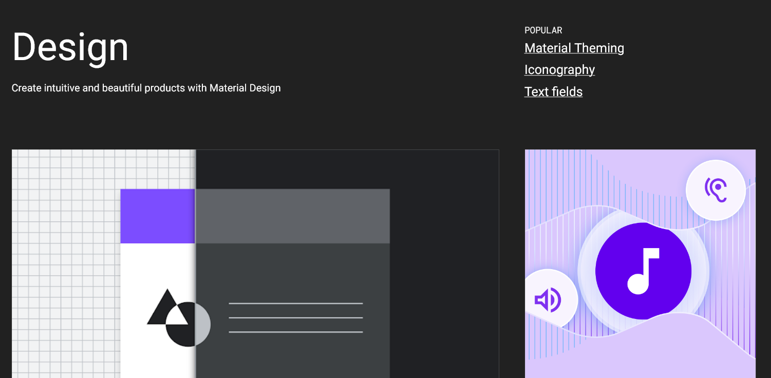 Print da tela inicial do site Material Design, que mostra o Design System do produto