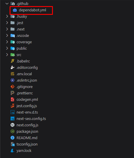 Na imagem em fundo preto, temos um editor de código mostrando a raiz do projeto com todas as pastas, destacando o arquivo dependabot.yml, em retângulo vermelho, que foi criado dentro da pasta .github.