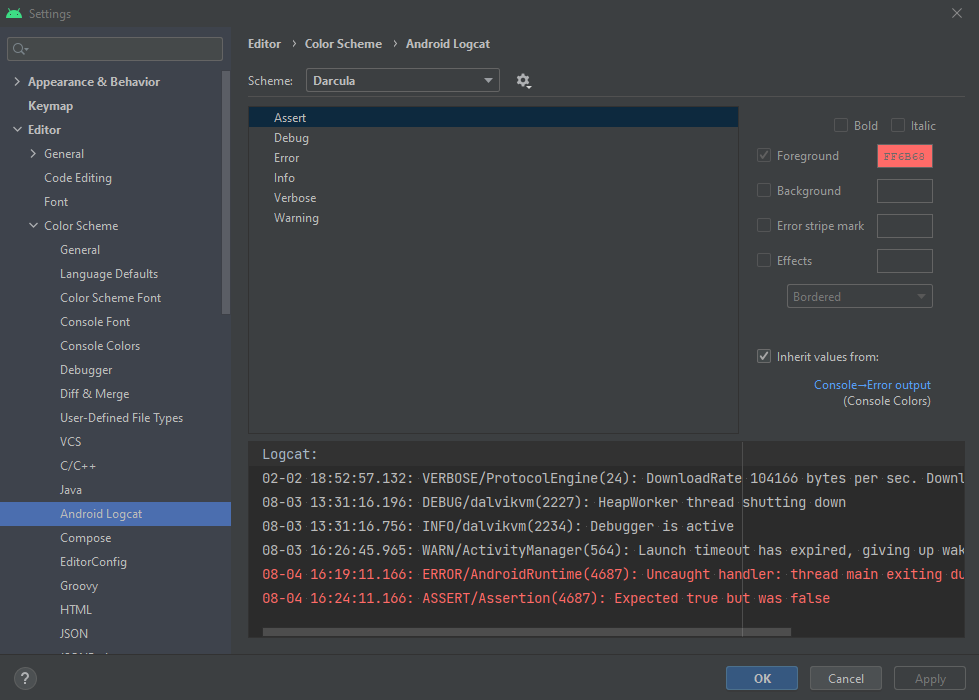 Print do Android Studio na janela “Android Logcat”. No canto central superior, há a informação sobre a pasta: Editor > Color Scheme > Android Logcat e, logo abaixo, há a palavra “Scheme” (“Esquema”, em português) e uma caixa de seleção em que se lê “Darcula”. Abaixo da caixa “Scheme”, ainda no centro da tela, há uma lista com seis opções: um, Assert; dois, Debug; três, Error; quatro, Info; cinco, Verbose; seis, Warning. Na parte direita da tela, há opções para alterar a cor da fonte e inserir outros efeitos. Na parte central e direita inferior do Android Studio, há uma caixa com uma prévia das configurações de cor aplicadas, mostrando logs de erro na cor vermelha. Na parte superior esquerda, há um campo de buscas. À esquerda central e inferior, há uma lista de opções para selecionar.