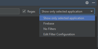 Print de tela do logcat que mostra um menu que abre uma lista com as seguintes opções: primeiro, “Show only selected application”, em português, “selecionar apenas a aplicação selecionada; a segunda opção é “Firebase; o terceiro item da lista é “No filters”, em português, “Sem filtros”; em quarto e último lugar, “edit filter configuration”, o que pode ser traduzido como “editar configuração de filtro”.