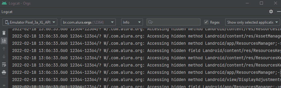 Print de tela do logcat que mostra a rodagem para cima de uma lista com muitos logs.