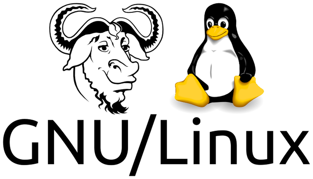 Ambas as logos dos sistema GNU e Linux lado a lado com os dizeres “GNU/Linux” logo abaixo. A logo do GNU é uma caricatura animal selvagem africano chamado GNU e a logo do Linux é um pinguim sentado