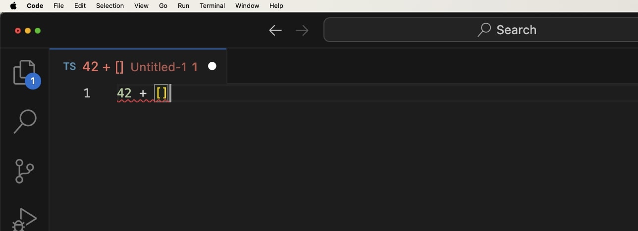 A imagem exibe a interface do editor de código VSCode com um arquivo não salvo aberto, contendo uma linha de código em TypeScript que tenta somar um número 42 com uma lista vazia []. O editor está destacando esta linha com um sublinhado ondulado vermelho, indicando um possível erro no código.