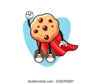 A imagem mostra um desenho de um biscoito cookie com gotas de chocolate. Ele tem duas pernas e dois braços, o braço direito está levantado para cima indicando que está voando, como se fosse um super-herói. Ele também usa uma capa na cor vermelha.