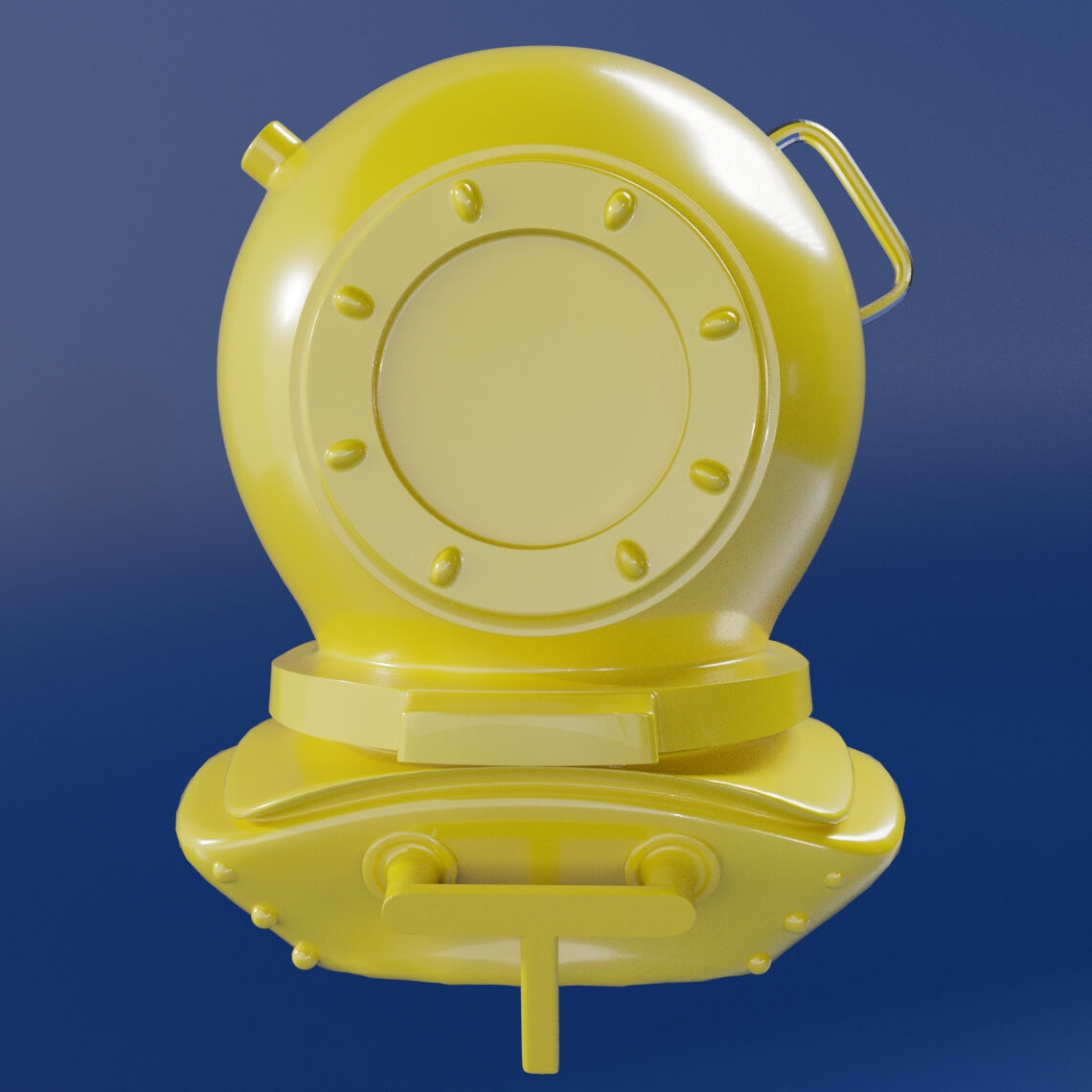Capacete de mergulhador em 3D, com o acabamento de material  brilhoso que representa um plástico em cor amarela.