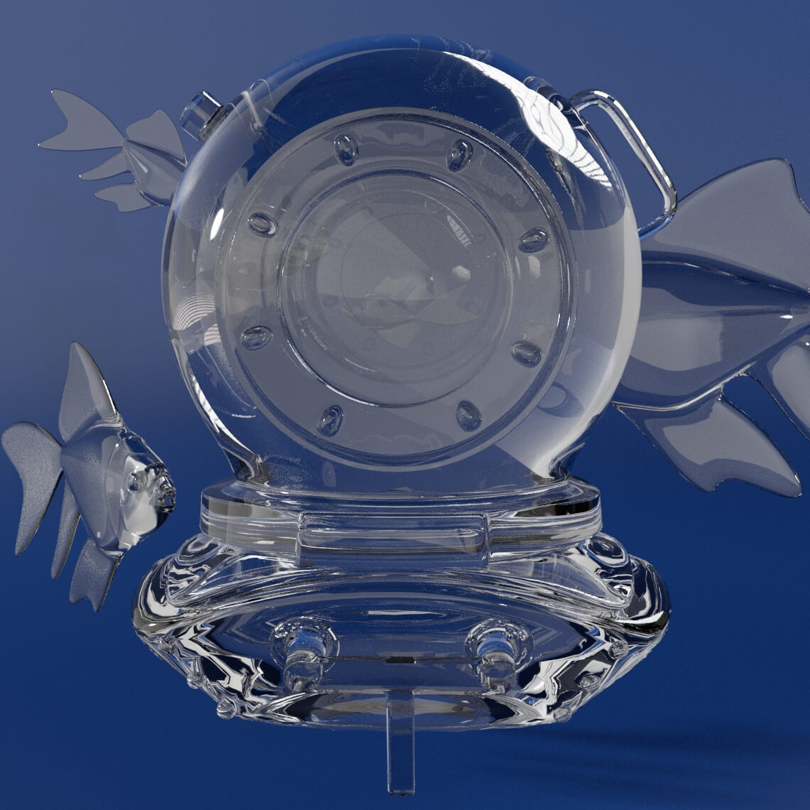 Capacete de mergulhador em 3D, com o acabamento de material transparente que representa vidro.