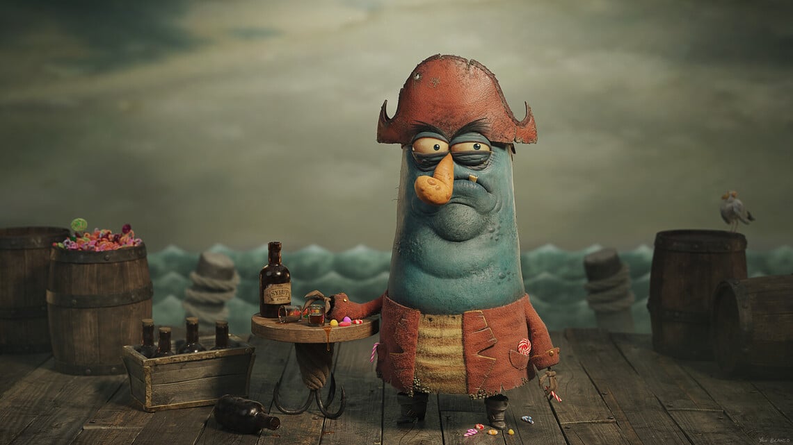 Pirata de um desenho animado com expressão emburrada em cima de uma ponte de madeira com vários barris e bebidas ao seu redor , e ao fundo tem um mar com um céu nublado.
