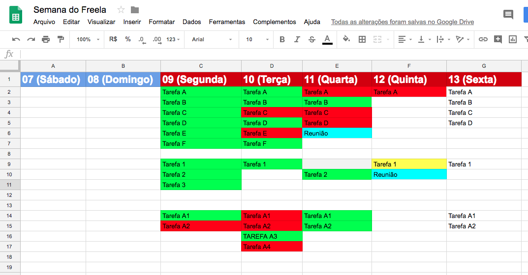 Planilha Excel separando as tarefas entre os dias da semana.