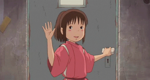 GIF colorido, Animação do Studio Ghibli, personagem de cabelo marrom, vestes cor de rosa e está acenando.