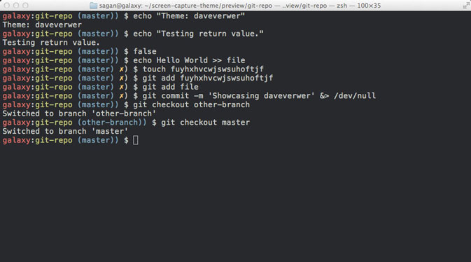 Imagem de um terminal com fundo azul escuro e com Oh My Zsh recém instalado, para mostrar o visual padrão do Oh My Zsh. No terminal estão sendo utilizados alguns comandos, entre eles, comandos git.
