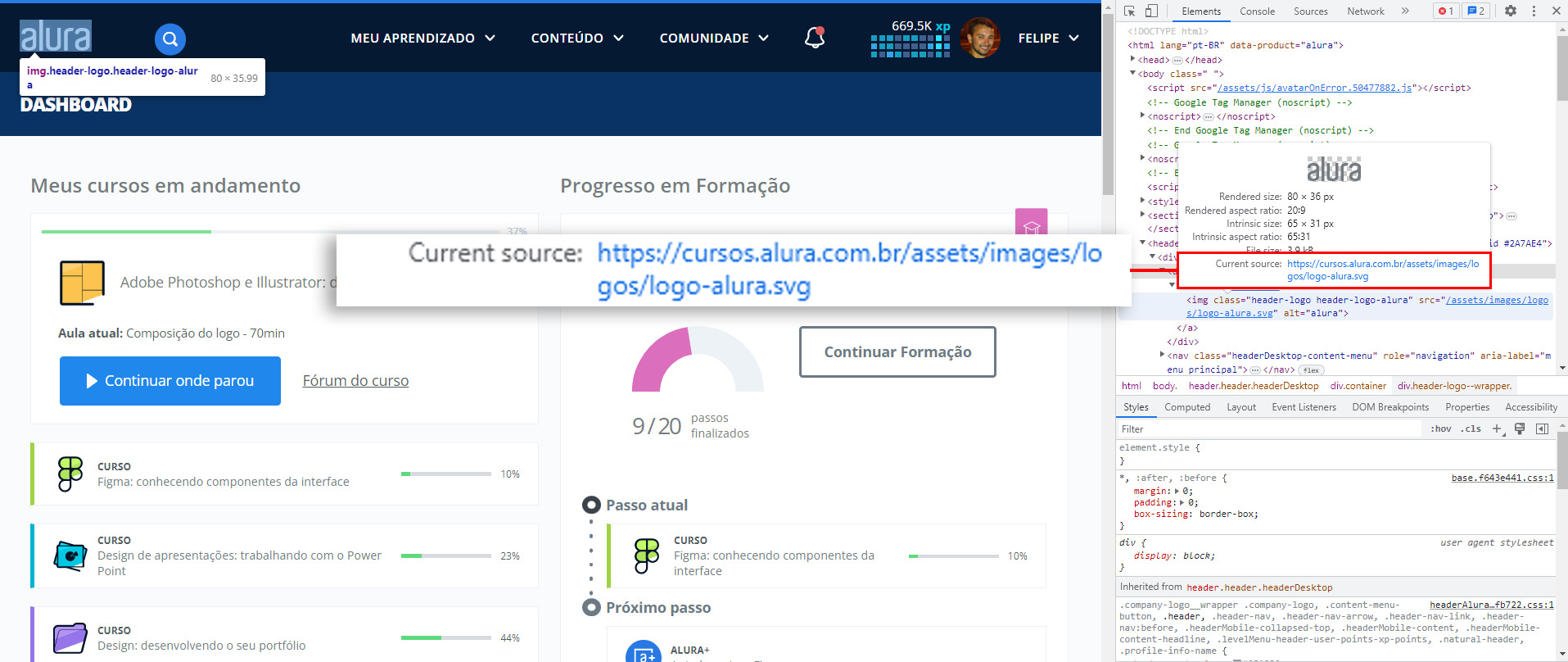 Imagem que mostra o dashboard na plataforma da Alura no navegador Chrome. O painel de inspeção da página está aberto e nele pode-se ler a natureza dos elementos que fazem parte do layout so site, como o logo da Alura.