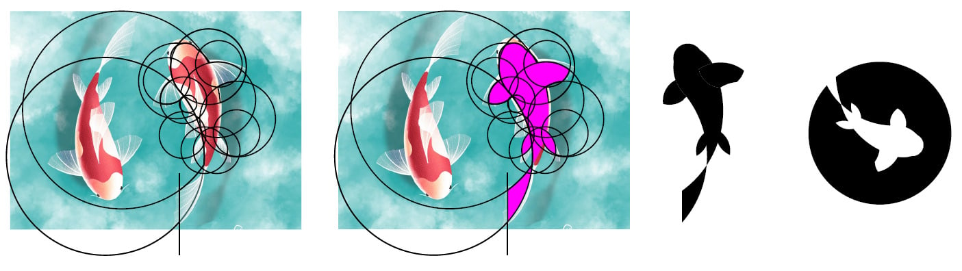 Imagem que mostra o processo de vetorização de um desenho de um peixe.