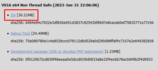 Imagem mostra um print da tela da página de download do PHP para Windows. A tela mostra três opções de download, com destaque em vermelho para a primeira opção - Zip [30.21MB].