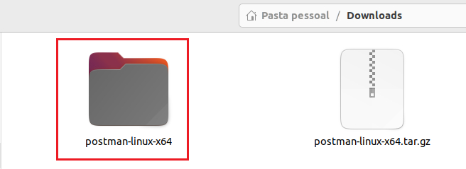 Imagem do gerenciador de arquivos do Windows, com fundo branco, na pasta de Downloads. À esquerda temos, em destaque, a pasta extraída com o mesmo nome do arquivo compactado e à direita temos o arquivo compactado do Postman.