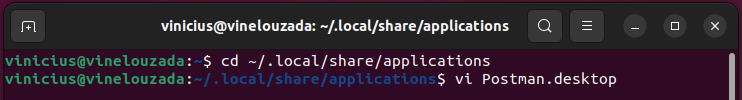 Imagem do terminal do Linux, com fundo de cor vinho. No terminal, estamos executando o comando para entrar na pasta “applications”, e posteriormente utilizando outro comando para abrir o editor “vi” e criar o arquivo “Postman.desktop”.