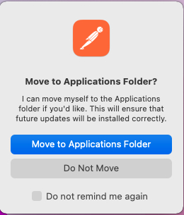 Imagem de alerta perguntando se é para mover o aplicativo do Postman para a página de aplicativos. Abaixo temos as opções “Move to Applications Folder” e “Do not move”.