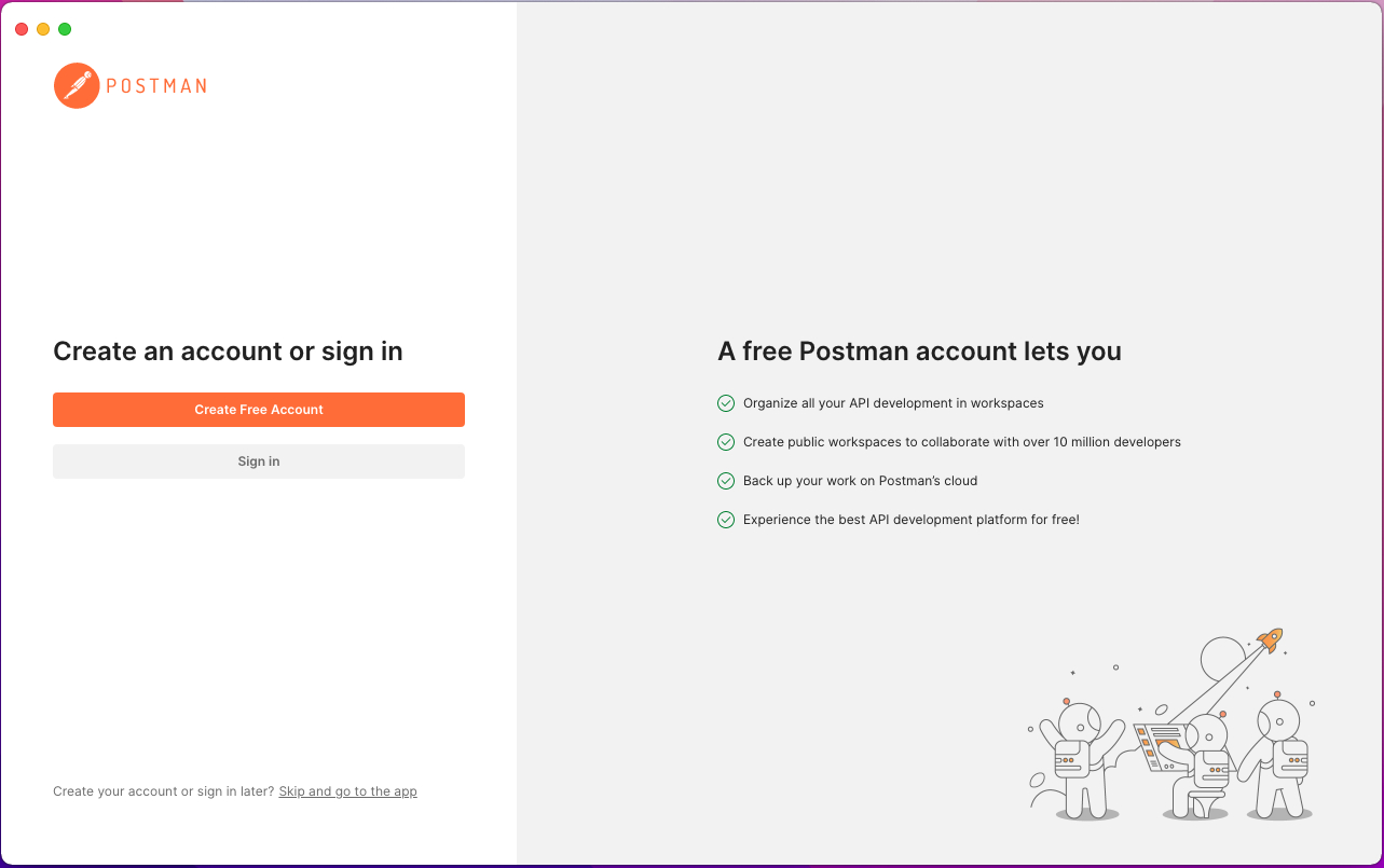 Imagem da página inicial de login do aplicativo Postman. À esquerda, com fundo branco, temos a opção de criar conta ou fazer login, e logo abaixo temos a opção de pular e ir para o programa. À direita, com fundo cinza-claro, temos uma uma lista de informações com quatro itens sobre as permissões de uma conta Postman.