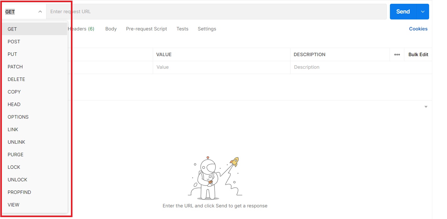 Imagem da seção de requisições em que à esquerda da imagem está selecionado a caixa de seleção “GET” e uma aba é aberta com todas as opções de verbos de requisição disponíveis para serem selecionados.O GET é a primeira opção dessa lista.