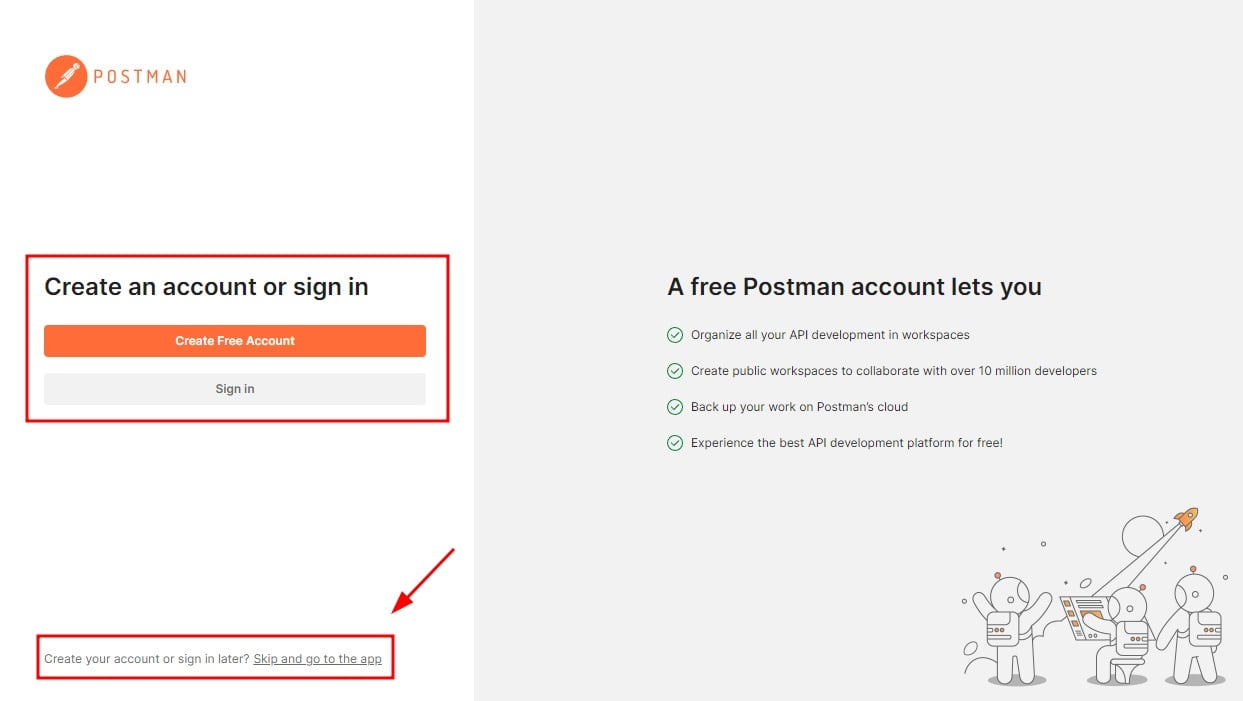 Imagem da página inicial de login do aplicativo Postman. À esquerda, com fundo branco, temos em destaque a opção de criar conta ou fazer login, e logo abaixo temos em destaque, e indicado por uma seta, a opção de pular e ir para o programa. À direita, com fundo cinza-claro, temos uma lista de informações com quatro itens sobre as permissões de uma conta Postman.