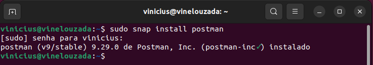 Imagem do terminal do Linux, com fundo de cor de vinho. No terminal, estamos executando o comando para instalar o postman, e o terminal está solicitando a senha do usuário para prosseguir com a instalação.