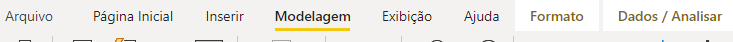 Imagem das guias do Power BI localizadas na parte superior do programa, e com a opção “Modelagem” selecionada, sendo ela a quarta opção disponível.