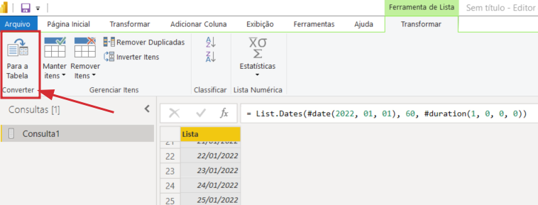 Print da aba “transformar”. Nela é apresentado de forma destacada, por um retângulo vermelho, o botão de conversão da lista de datas em tabela dentro do Power Query.