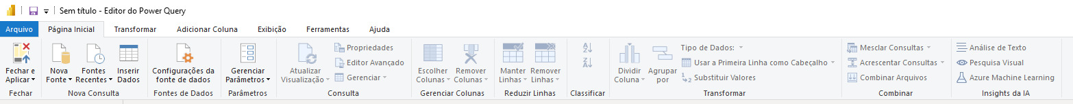 Menu de página inicial do power query com funcionalidades de obter dados gerenciar consultas e colunas, reduzir linhas, classificar, transformar e obter insights da IA.