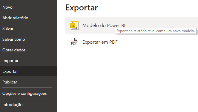 menu para exportação do modelo no power bi desktop